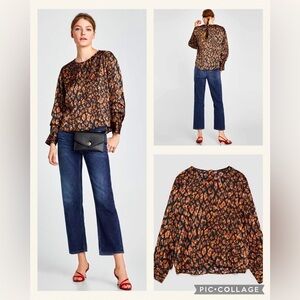NWT ZARA Women’s Black Brown Print Relaxed Dressy Blouse Top‎ Shirt XS X-Small